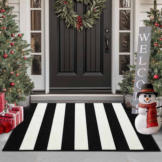 FONEYI Black and White Striped Rug, 20"x32" Front Door Mat Indoor Outdoor Rugs Washable, Non Slip Absorbent Striped Layered Doormats, Fall Door Mats for Front Porch/Kitchen/Farmhouse/Entryway/Patio