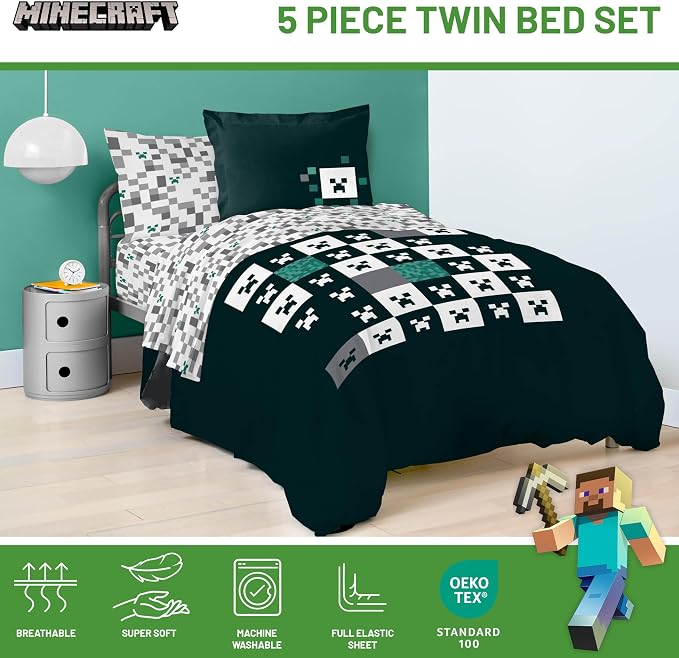 Minecraft Creeper Twin Comforter Set 5 Piece Video Game Bedding, Green | Zombie Enderman, Bed in a Bag, Comforter Sheets Sham Pillowcase, Official Product, Microfiber, Machine Washable, Kids Gift