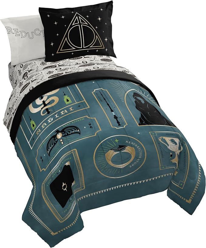 Harry Potter Twin Comforter Set 5 Piece Soft Fantasy Bedding, Blue | Deathly Hallows, Bed in a Bag, Comforter Sheets Sham Pillowcase, Official Product, Soft Microfiber, Machine Washable, Gift