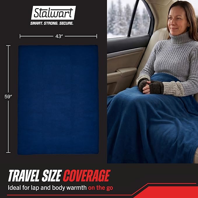 Heated Car Blanket - 12V Electric Travel Blanket for Car, Truck, SUV or RV - Portable Heated Throw for Road Trips, Camping or Winter Emergency Kit for Cold Weather Travel by Stalwart (Navy)