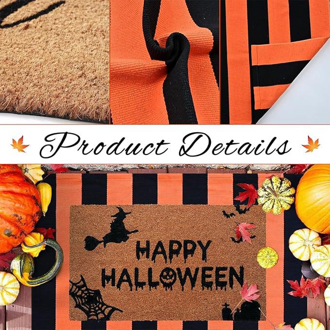 Halloween Decor Doormat Combo Set, 100% Coco Coir Welcome Mat + 28 x 43 Inches Orange and Black Striped Rug - Halloween Fall Front Porch Entryway Decor Floor Mat, Outdoor Autumn Mats Happy Halloween