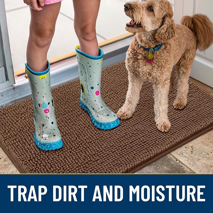 Smiry Dog Door Mat for Muddy Paws 59x35, Absorbent Dirt Trapper, Non-Slip Washable Chenille Entryway Rug for Inside Floor, Mocha, Classic Solid