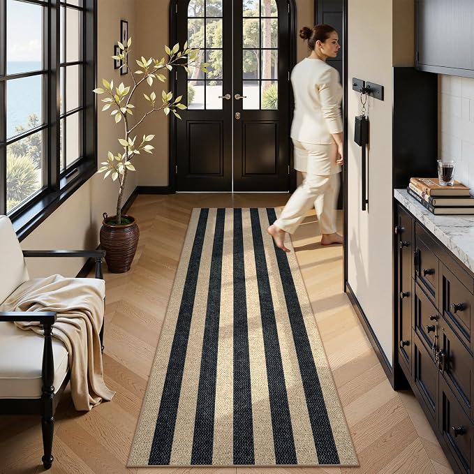 Lahome Striped Easy Jute Kitchen Runner Rug, 2x8 Outdoor Rugs Washable | Non Slip Black Runner for Long Hallway Entryway, Modern Farmhouse Non Shedding 8ft Indoor Carpet for Entry Porch Laundry Room
