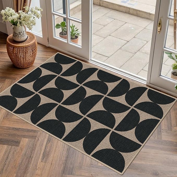 Easy Jute 2x3 Black Semicircle Area Rug,Washable Entryway Rug, Small Modern Door Carpet,Neutral Non-Slip Outdoor Indoor Farmhouse Rug for Kitchen Patio Entry Porch