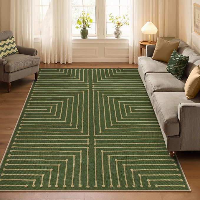 Lahome Neutral Easy Jute Outdoor Rug 5x7, Green Rug for Living Room | Farmhouse Rhombus Non Slip Non Shedding Low Pile Dining Room Carpet for Under Table Patio