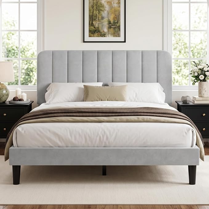 VECELO Full Size Bed Frame with Upholstered Headboard, Velvet Platform Bedframe Mattress Foundation, Strong Wood Slat Support, No Box Spring Needed,Light Grey