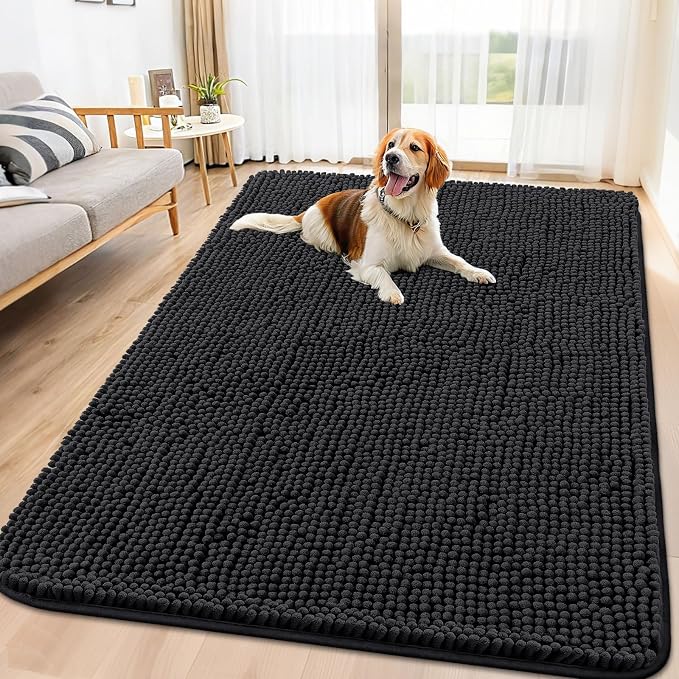 Smiry Dog Door Mat for Muddy Paws 70x32, Absorbent Dirt Trapper, Non-Slip Washable Chenille Entryway Rug for Inside Floor, Black, Classic Solid