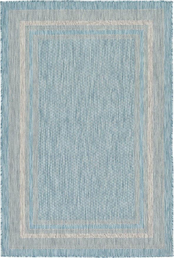 Unique Loom Outdoor Border Collection Area Rug - Soft Border (4' 1" x 6' 1" Rectangle, Aquamarine/ Ivory)