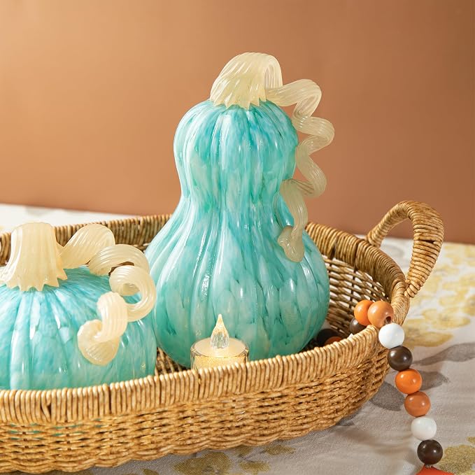 Glitzhome Hand Blown Glass Pumpkin Decor 8.5" Turquoise - Artisan Fall Harvest Thanksgiving Table Centerpiece Halloween Home Decor
