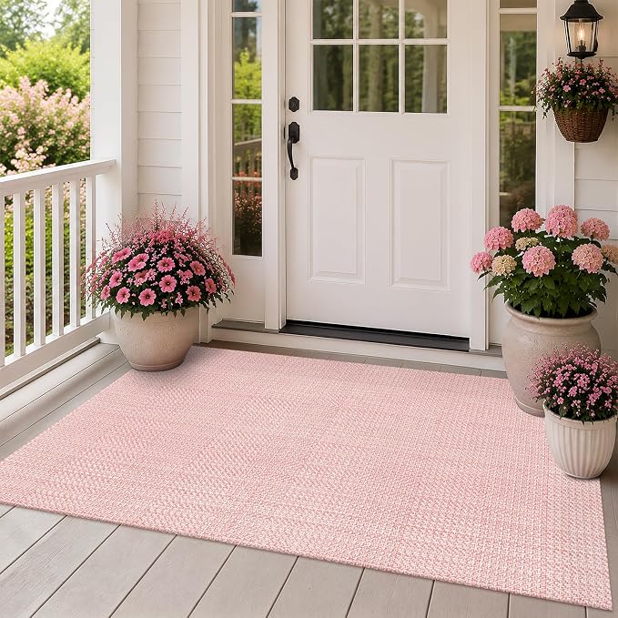 Rugalia Pink Woven Entryway Rug 3x5, Washable Cotton Indoor Outdoor Doormat Low Plie Non-Slip Kitchen Mat, Modern Farmhouse Natural Floor Carpet for Porch Living Room Bedroom Patio