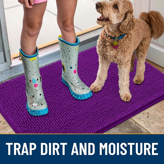 Smiry Dog Door Mat for Muddy Paws 24x16, Absorbent Dirt Trapper, Non-Slip Washable Chenille Entryway Rug for Inside Floor, Purple, Classic Solid