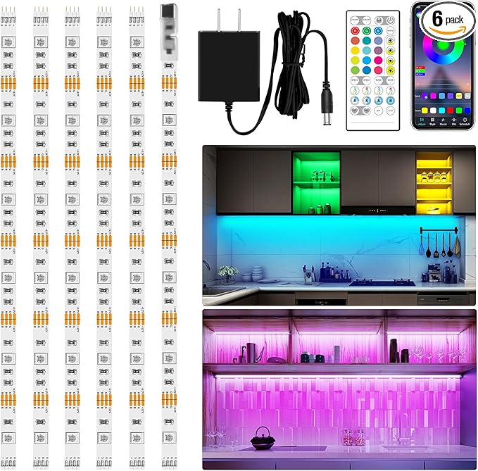 maylit 6 PCS RGB Under Cabinet Lights with App and Remote Control | Music-Sync Color-Changing LED Strips with Power Adapter for Cabinets, Counters, Shelves and Bookcases, 9.8 ft