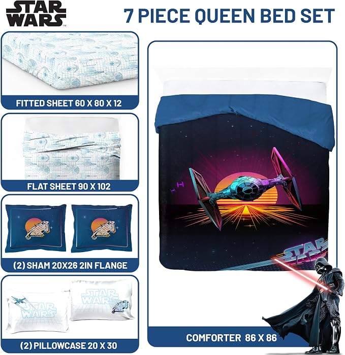 Star Wars Queen Comforter Set 7 Piece Soft Bedding for Boys, Blue | Bed in a Bag, Comforter Sheets Shams Pillowcases, Official Product, Soft Microfiber, Machine Washable, Boys Gift