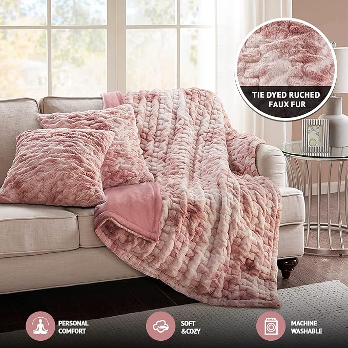 Comfort Spaces Ruched Throw Set Faux Fur Blanket, 50 x 60, Blush Tie Dye | Ultra Soft, Cozy Warmth for Sofa or Bed, Plush, OEKO-TEX Certified