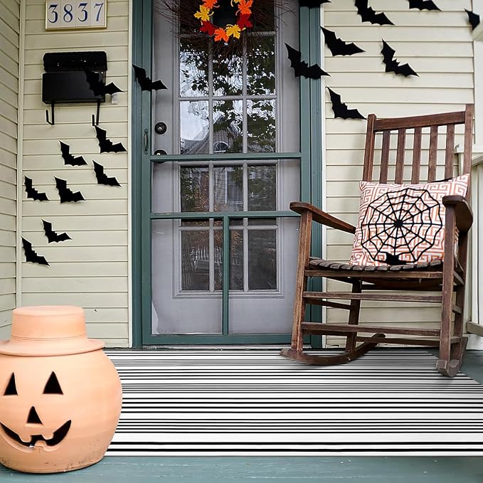 LEEVAN 4'X6' Black and White Striped Woven Cotton Reversible Outdoor Rug | Machine Washable Front Porch Rug, Entryway Door Mat, Indoor Layering Carpet for Balcony Farmhouse Laundry Patio