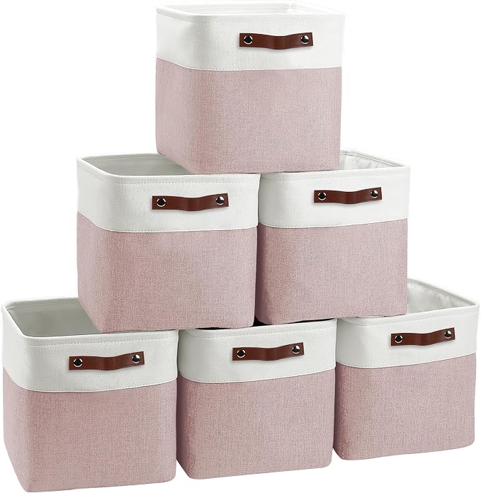 FinishingBo 11 inch Cube Storage Bin 6 Pack, Cube Organizer Bins | Fabric Storage Bins With Handles, 11x11 Storage Cubes, Shelf Basket, White Pink