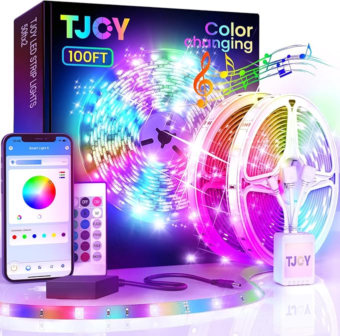 TJOY LED Lights for Bedroom 100ft, RGB Color Changing Strip Lights Indoor | Music Sync Rope Lights via Bluetooth for Room Decor, Strong Adhesive, DIY