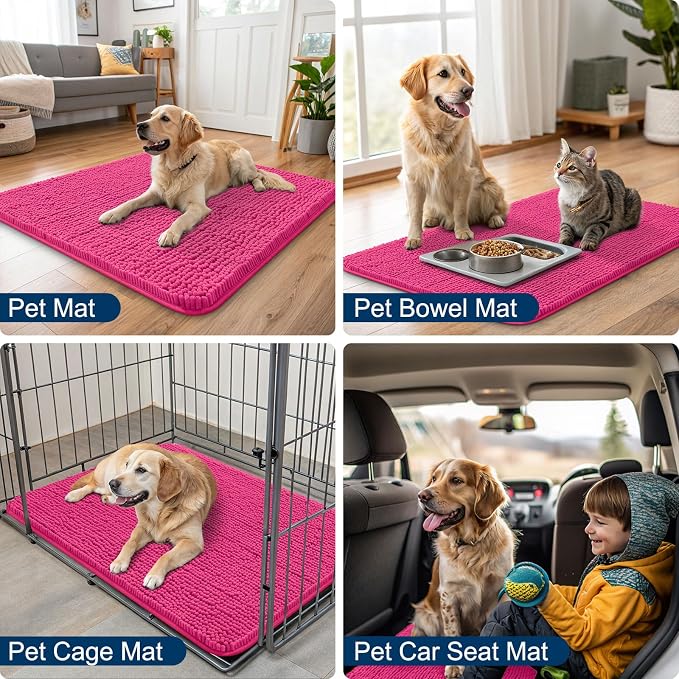 Smiry Dog Door Mat for Muddy Paws 70x32, Absorbent Dirt Trapper, Non-Slip Washable Chenille Entryway Rug for Inside Floor, Hot Pink, Classic Solid