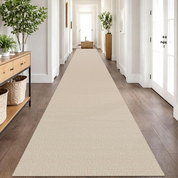 IOHOUZE Washable Exrea Long Hallway Runner Rug 3x20 Non Slip Rubber Backed Kitchen Runner Entryway Runner Indoor, Woven Rugs Floor Carpet for Kitchen Hall Entryway, Cream/Beige