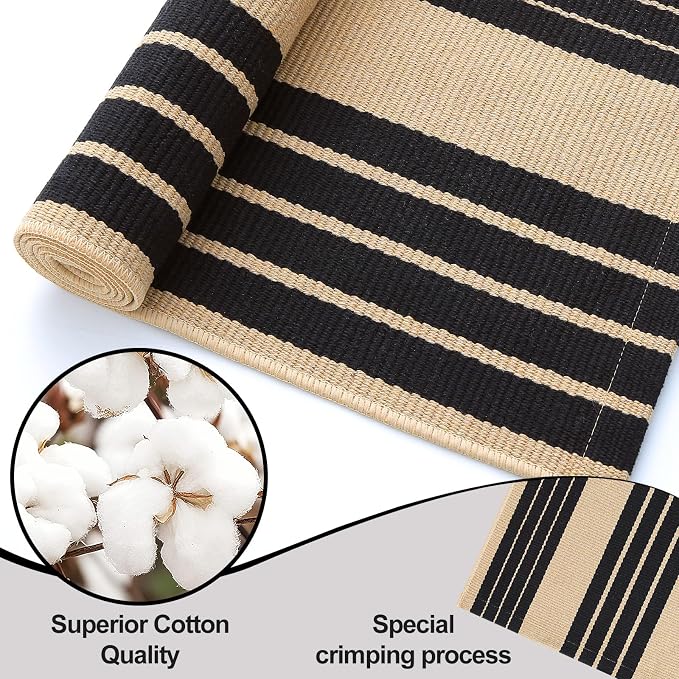OLANLY Brown and Black Classic Striped Rug 2' x 4'3" (24" x 51") – Washable Cotton Indoor Outdoor Doormat for Front Door, Entryway, Kitchen, Porch, Patio Decor