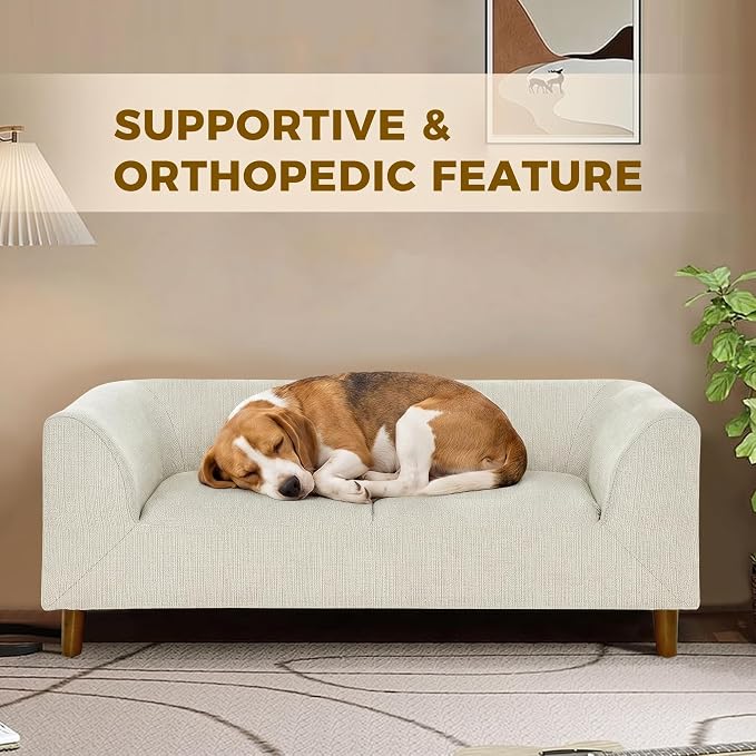 Dog Sofa Bed for Medium Dogs with Backrest and Armrest, Memory Foam Dog Sofa Couch, Modern Elevated Pet Couch Bed with Wooden Legs, Beige