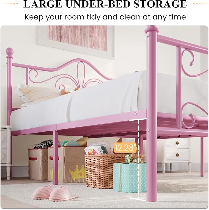 SHA CERLIN Queen Size Metal Bed Frame with Butterfly Headboard, Pink | Metal Platform Bed for Kids, Wrought Iron-Art Headboard/Footboard, Under-Bed Storage, No Box Spring Needed, Easy Assembly