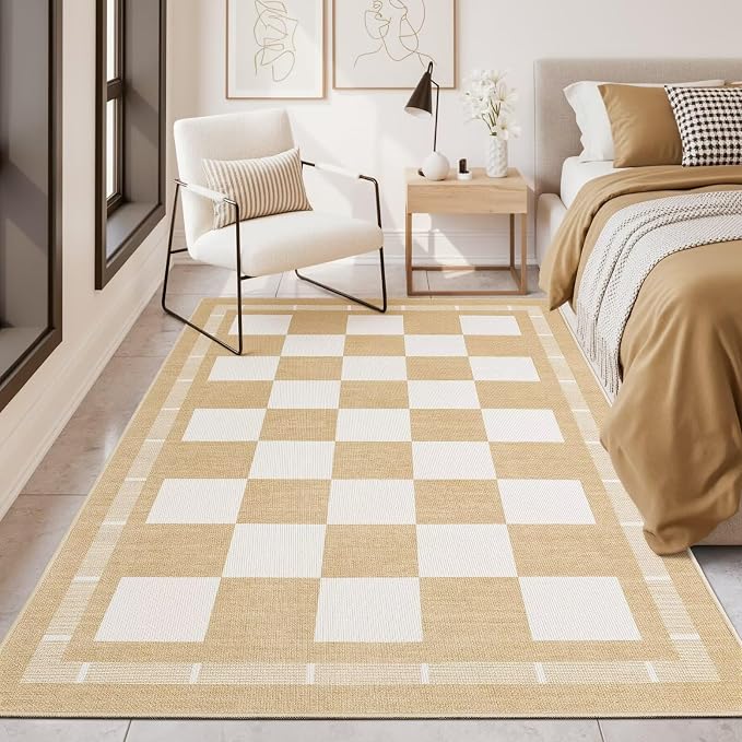 Vasofe 3x5 Outdoor Rug, Jute Checkered Rugs, Patio, Entryway, Plaid Carpet | Washable Indoor, Balcony, Porch, Bedroom Kitchen Carpets, Non Slip Farmhouse Neutral Laundry Office Mat, Khaki and White