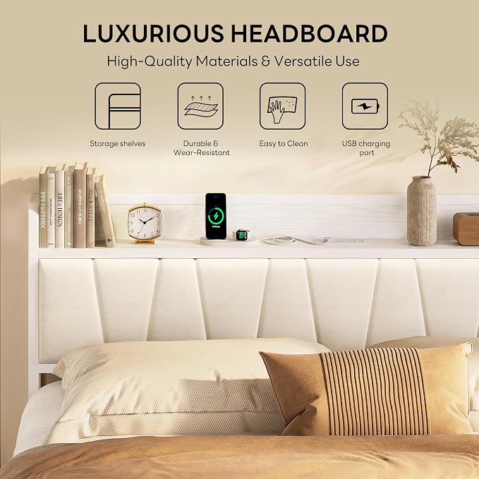 LIKIMIO King Bed Frames, PU Leather Storage Headboard with Charging Station, Solid and Stable, Noise Free, No Box Spring Needed, Easy Assembly, White