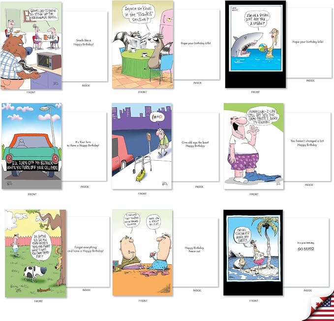 NobleWorks - 36 Assorted Funny Birthday Cards Bulk Box Set with Envelopes (36 Designs, 1 Each) engaging Mixed Humor Greeting Card Pack for Men & Women - McCoy Bros. Merriment AC7742BDG-B1x36