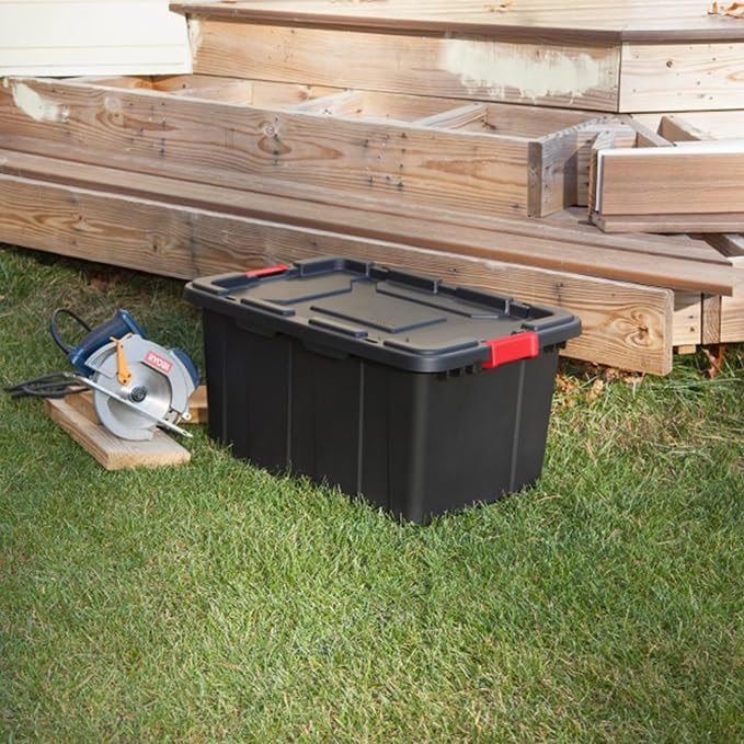 Sterilite Industrial Storage Tote with Lids for Garage, 27 Gallon, 8-Pack | Heavy-Duty and Stackable Utility Box Containers for Home, Office, and Basement Organization, Black