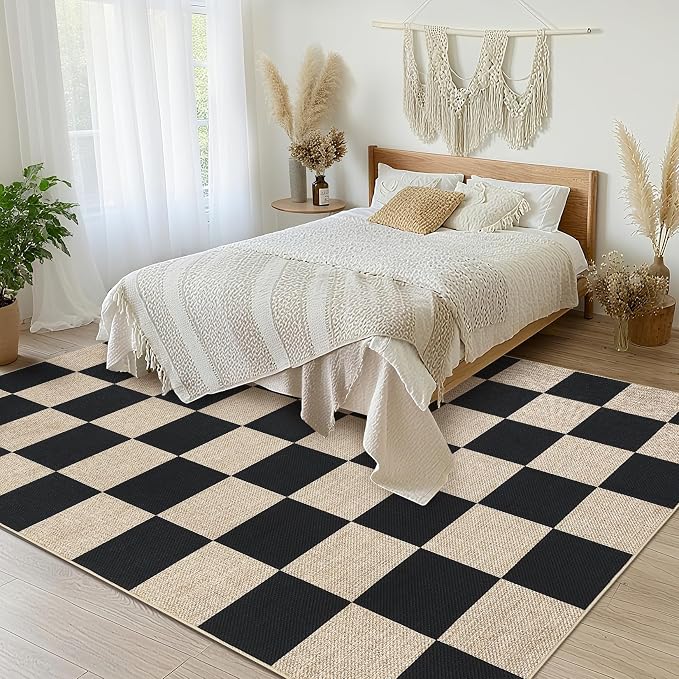 COZYLOOM 6x9 Kids Rugs for Bedroom, Washable Rug with Non Slip Backing, Modern Checkered Easy Jute Rug Stain Resistant Indoor Outdoor Mats for Living Room, Dining Room, Patio, Black