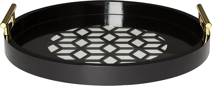 Kate and Laurel Caspen Round Cut Out Pattern Decorative Tray with Gold Metal Handles, Black