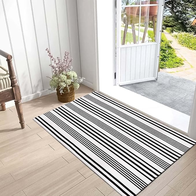 OJIA Black and White Outdoor Rug 24"x51" Front Door Mat Fall Porch Decor | Machine Washable Outdoor Doormat Woven Front Porch Rug Indoor Door Mat Entryway Striped Rugs for Farmhouse/Kitchen/Entrance