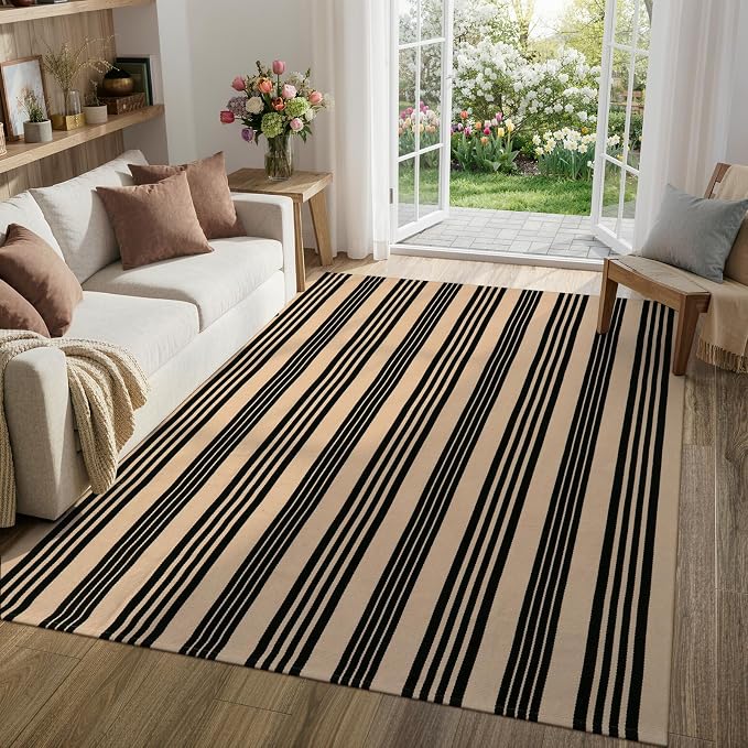 KIMODE Indoor Outdoor Rug 5'x7', Black and Khaki Striped Outdoor Rug,Reversible Washable Large Patio Rugs, Cotton Hand Woven Farmhouse Indoor Area Rug Floor Carpet for Backyard Living Room