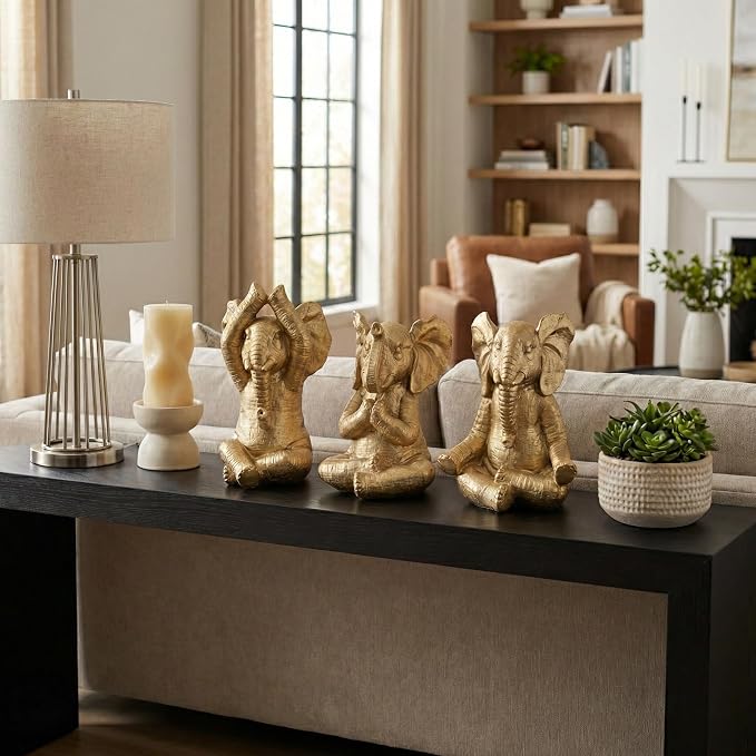Resin Elephant Figurines Statue Set – Room Decor Accent Trio, Shelf, Desk, or Nightstand Placement – Meditation Pose Symbol of Wisdom and Calm, Home Decor – 8", Gold Finish