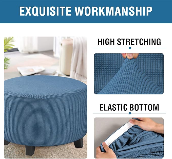 H.VERSAILTEX Ottoman Cover Stretch Ottoman Slipcover Round Ottoman Storage Cover Folding Stool Covers Furniture Protector Cover for Footrest Ottoman Fit Dia 20" - 23", Dusty Blue