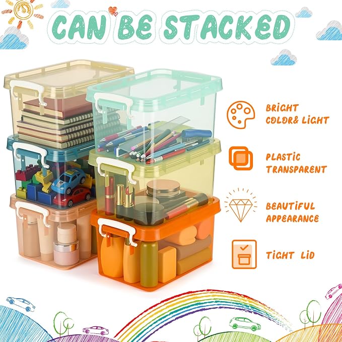 Wenqik 6 Pack Colorful Plastic Storage Bins with Lids 4 Quart Small Storage Latch Box Stackable and Nestable Clear Organizer Bins with Latching Handle and Buckle for Organizing (Pastel)