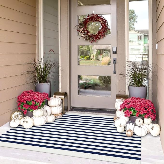 IOHOUZE Striped Area Rug 3'x5' Front Door Rugs Small Washable Area Rug for Front Porch, Spring Summer Welcome Door Mats Outdoor Indoor, Doormat for Entryway Porch Entrance, Navy/White