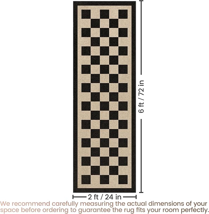 Washable Checkered Easy Jute Runner Rug, 2x6 Black Checkerboard Boho Geometric Outdoor Indoor Patio Rug, Low Pile Lightweight Non Slip Neutral Long Runner Carpet for Hallway Kitchen 6ft Entryway Porch