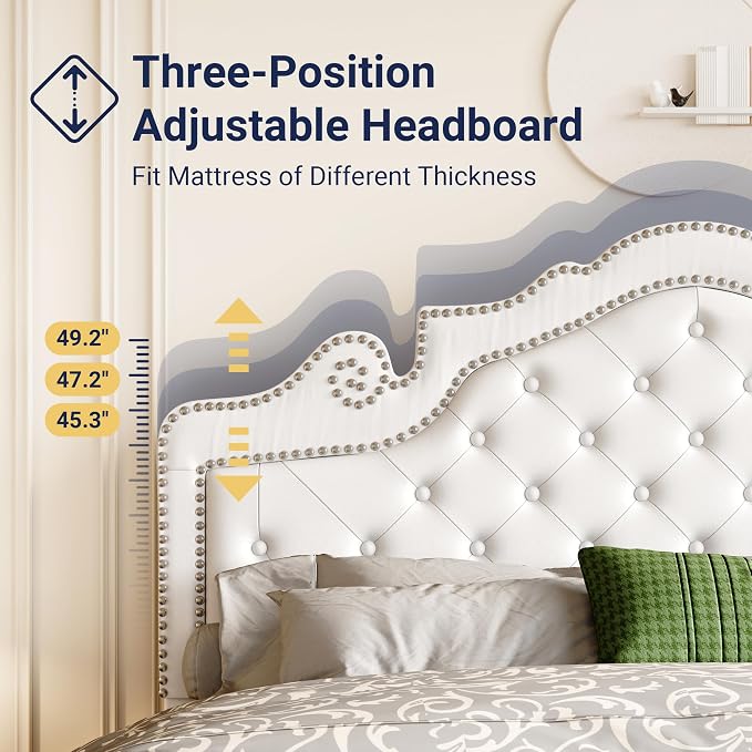 Allewie Queen Bed Frame with Adjustable Velvet Tiara Headboard, Upholstered Diamond Button Tufted Platform Bed, Wood Slats Support, No Box Spring Needed, Mattress Foundation, Easy Assembly, White