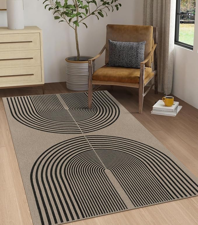 Rugalia Easy Jute Small Outdoor Patio Rug, 3x5 Black Nature Rainbow Entryway Rug Washable Non-Slip Modern Kitchen Rugs, Neutral Farmhouse Throw Carpet for Outdoor Living Room Porch Backyard
