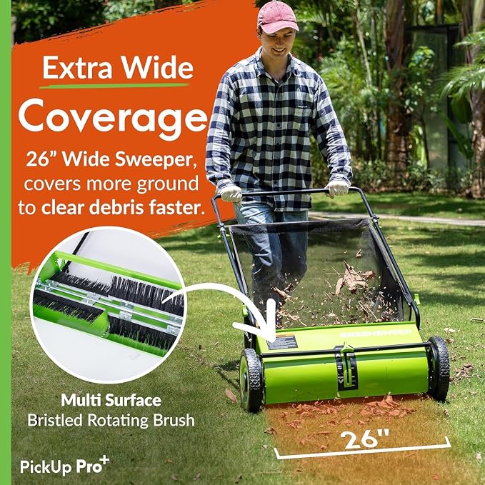 GreenSweep Pickup Pro XL V26 Garden Sweeper – Manual Push Lawn Sweeper for Leaves, Grass Clippings & Garden Debris – Adjustable Height Leaf Collector