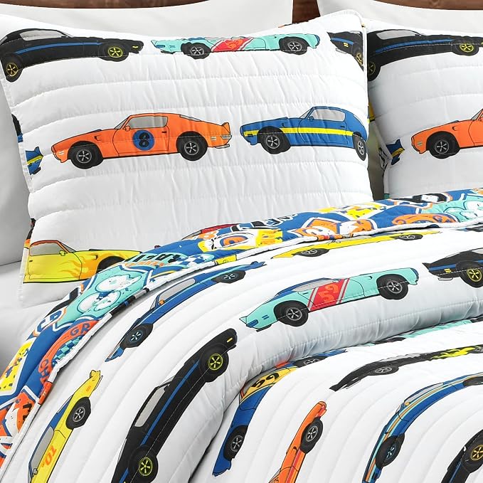 Lush Decor Race Car Kids' 3-Piece Quilt Bed Set, Reversible Bedding Set for Boys, White, Full/Queen