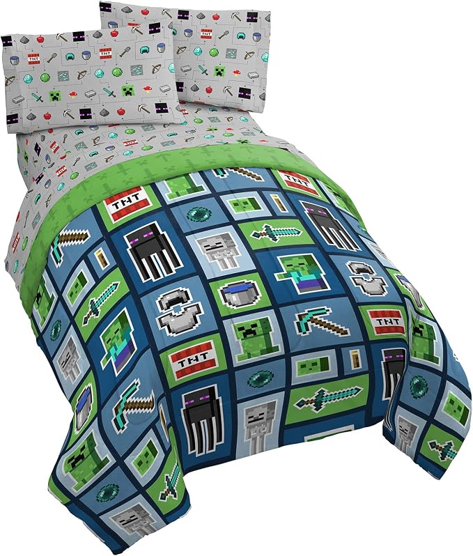 Minecraft Creeper Queen Comforter Set 5 Piece Kids Bedding for Boys, Multi | Zombie, Bed in a Bag, Comforter Sheets Pillowcases, Official Product, Soft Microfiber, Machine Washable, Boys Gift