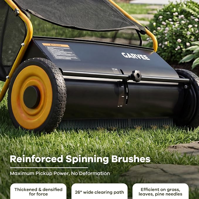 Garvee Push Lawn Sweeper, 26 in Leaf & Grass Collector with 7 cu. ft. Hopper Bag, Heavy Duty Yard Sweeper with Clear Dust Cover & Large Collection Bag for Lawn Yard Cleanup