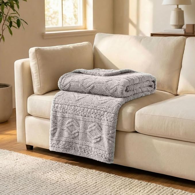 SUPERIOR Fleece Boho Jacquard Blanket, Decorative Blankets for Bedroom, Sofa, Fuzzy, Plush, Fluffy, Soft, Cute Room Decor, Beautiful Cover, Comfort Essentials, Arctic Collection, Throw, Platinum