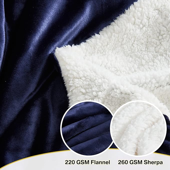 NICETOWN Navy Blue Sherpa Blanket, Reversible Fleece Super Soft Fuzzy Flannel Blanket, Velvet Plush Luxurious Thick Warm Puppy Blanket for Home, Couch, Sofa, Bed, 60 x 80 Inches