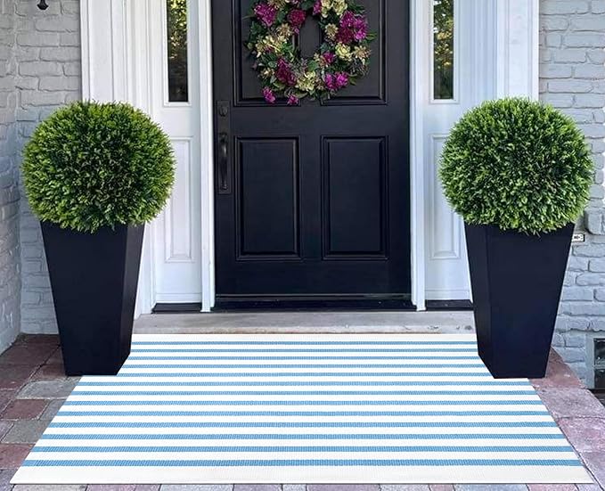 Striped Area Rug 27.5"x43",Light Blue and White Farmhouse Front Porch Rug Cotton Woven Washable Entryway Rug Indoor Outdoor Front Door Mat for Porch/Entryway/Home Entrance Decor