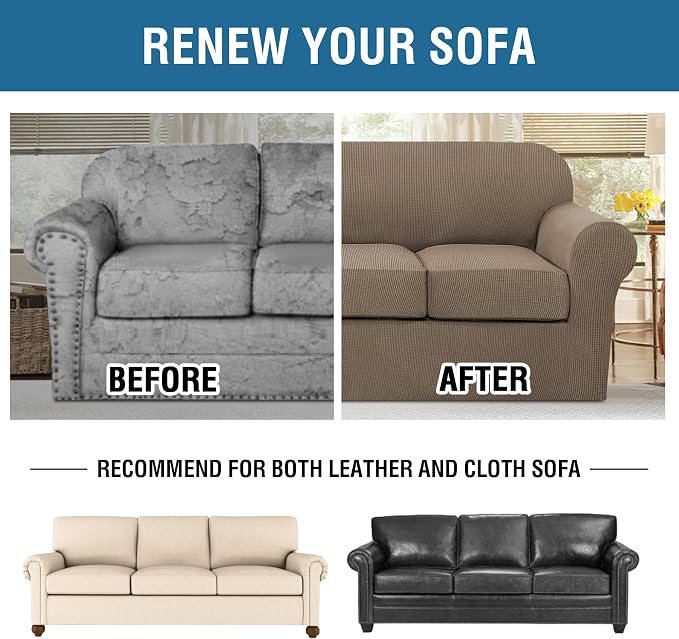 H.VERSAILTEX 4 Piece Stretch Sofa Covers for 3 Cushion Couch Furniture Slipcovers for Living Room (1 Base Cover Plus 3 Seat Cushion Covers) Jacquard Fabric Cover (XL Sofa, Macchiato)