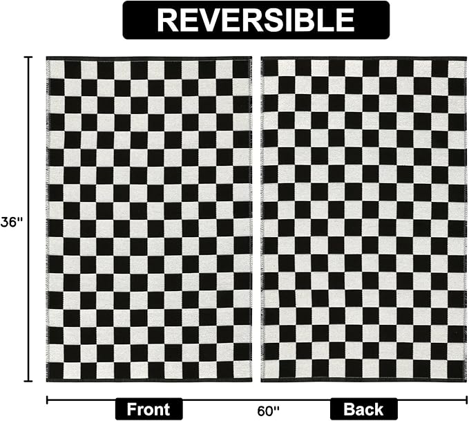Seavish Black and White Outdoor Checkered Rug, 3x5 Layered Front Door Mat | Cotton Woven Washable Moroccan Checkerboard Rugs, Reversible Floor Mat for Bedroom Entryway Porch Patio Dorm